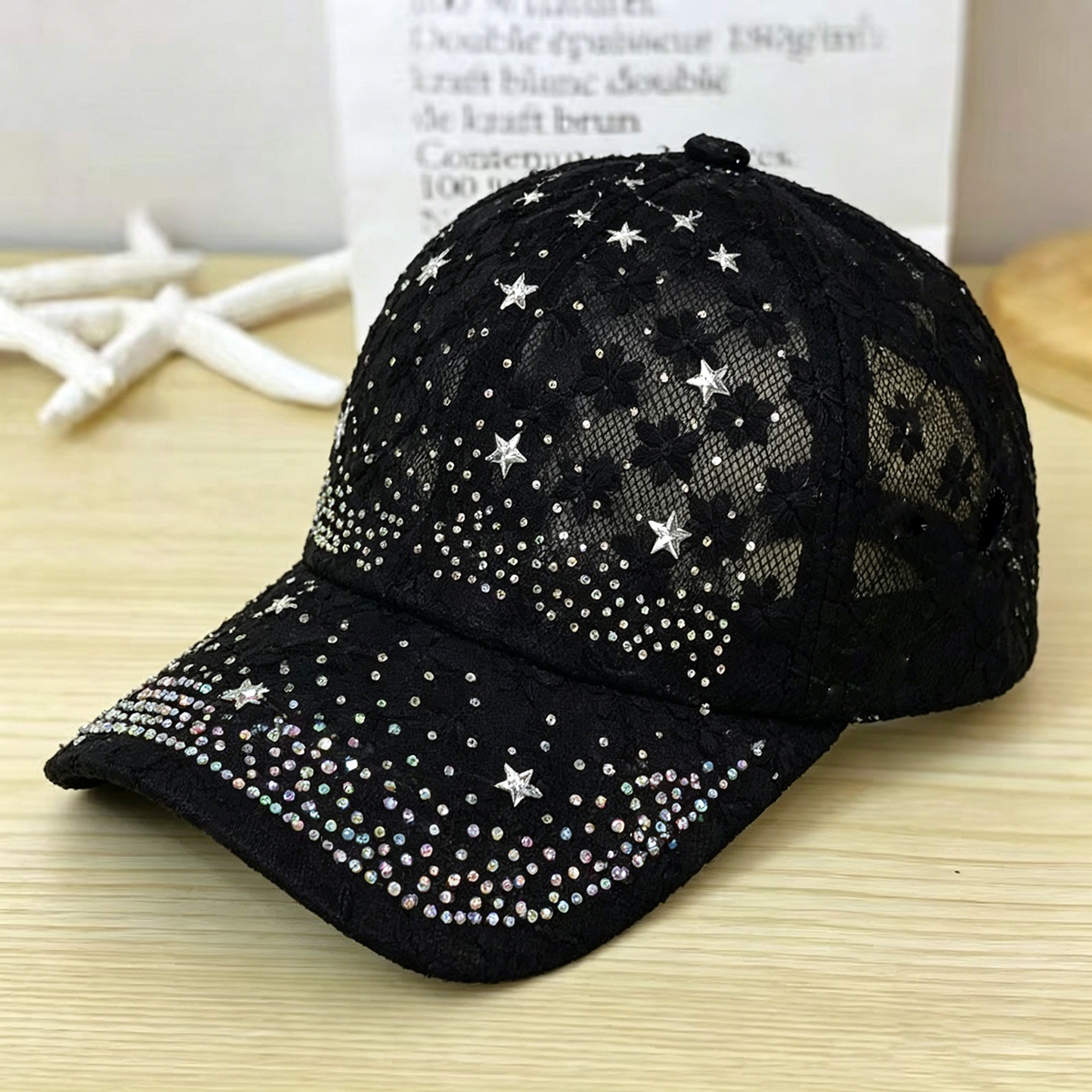 Baseball Cap Structured - Shiny Rhinestone Lace Flower Baseball Cap